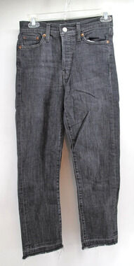 Levi's black wedgie straight button fly denim jeans size 26x26‎ Raw Hem Women
